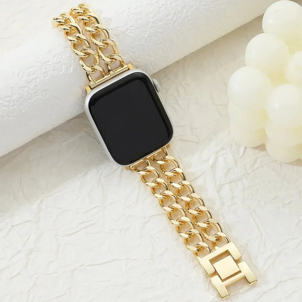 Apple Watch Band Adjustable Stylish Strap Silver Stainless Chain - Gold